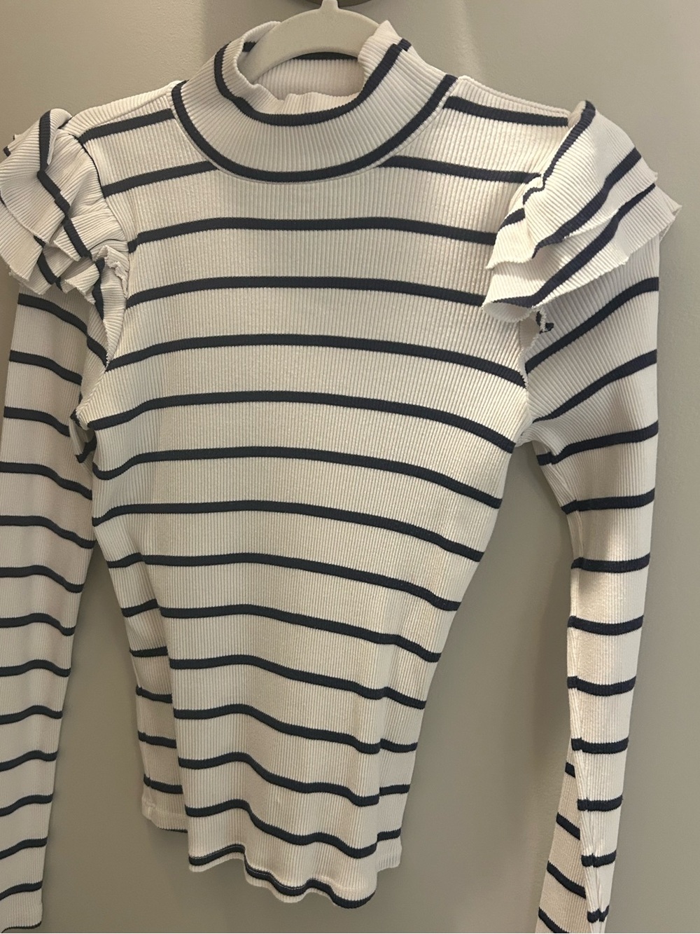 Striped Ruffle Shoulder Mock Neck Top - White/Navy T.la Anthropologie
